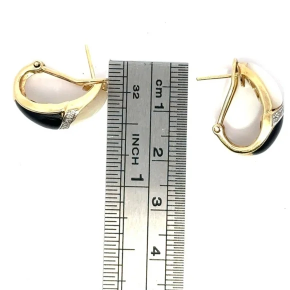 10k Gold Onyx And Mother Of Pearl Vintage Earrings - Picture 3 of 6